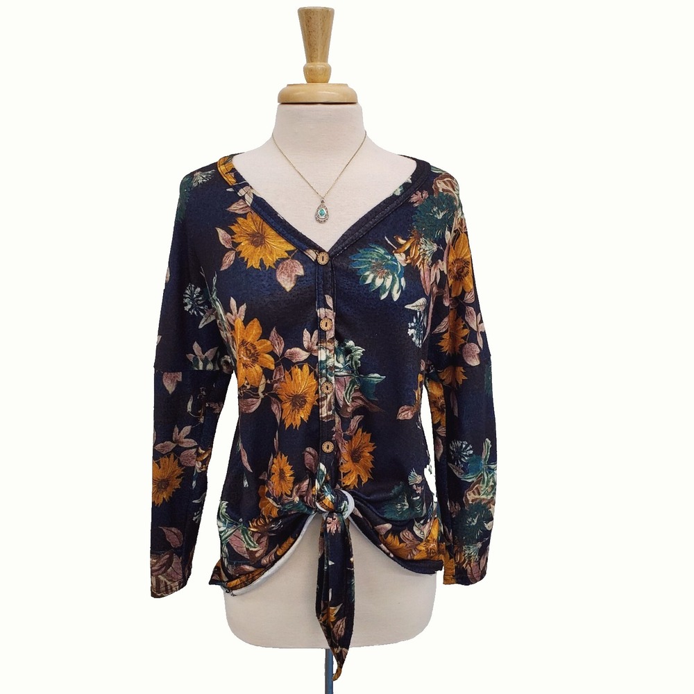 Andree by Unit Womens‎ M Navy Floral Button Front Tie Hem Blouse Top Boho Casual